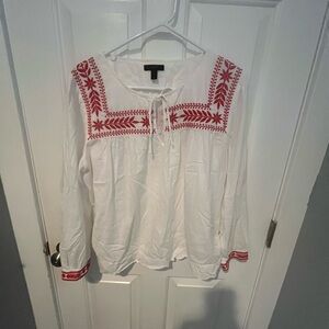 J. Crew White and Red Embroidered Long Sleeve Peasant Blouse L